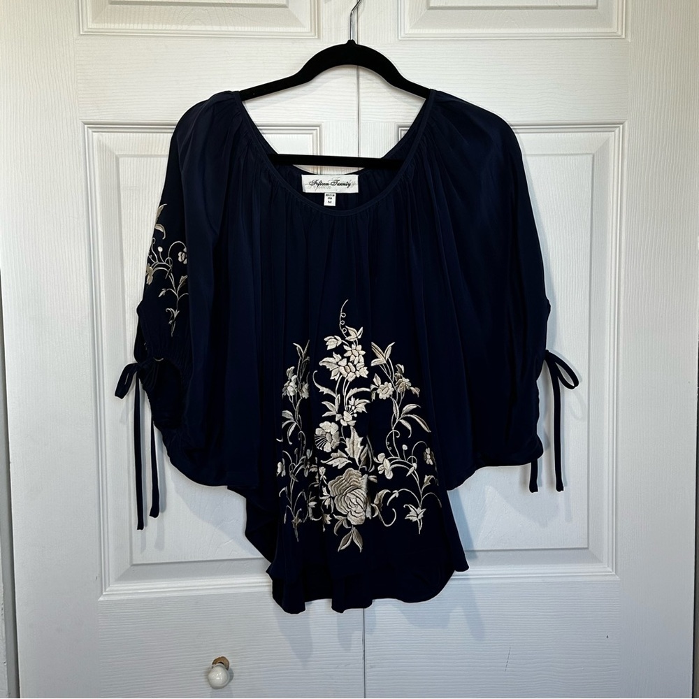Fifteen Twenty Navy Blue Silk Blouse with Gold Embroidery Size Medium Made in US